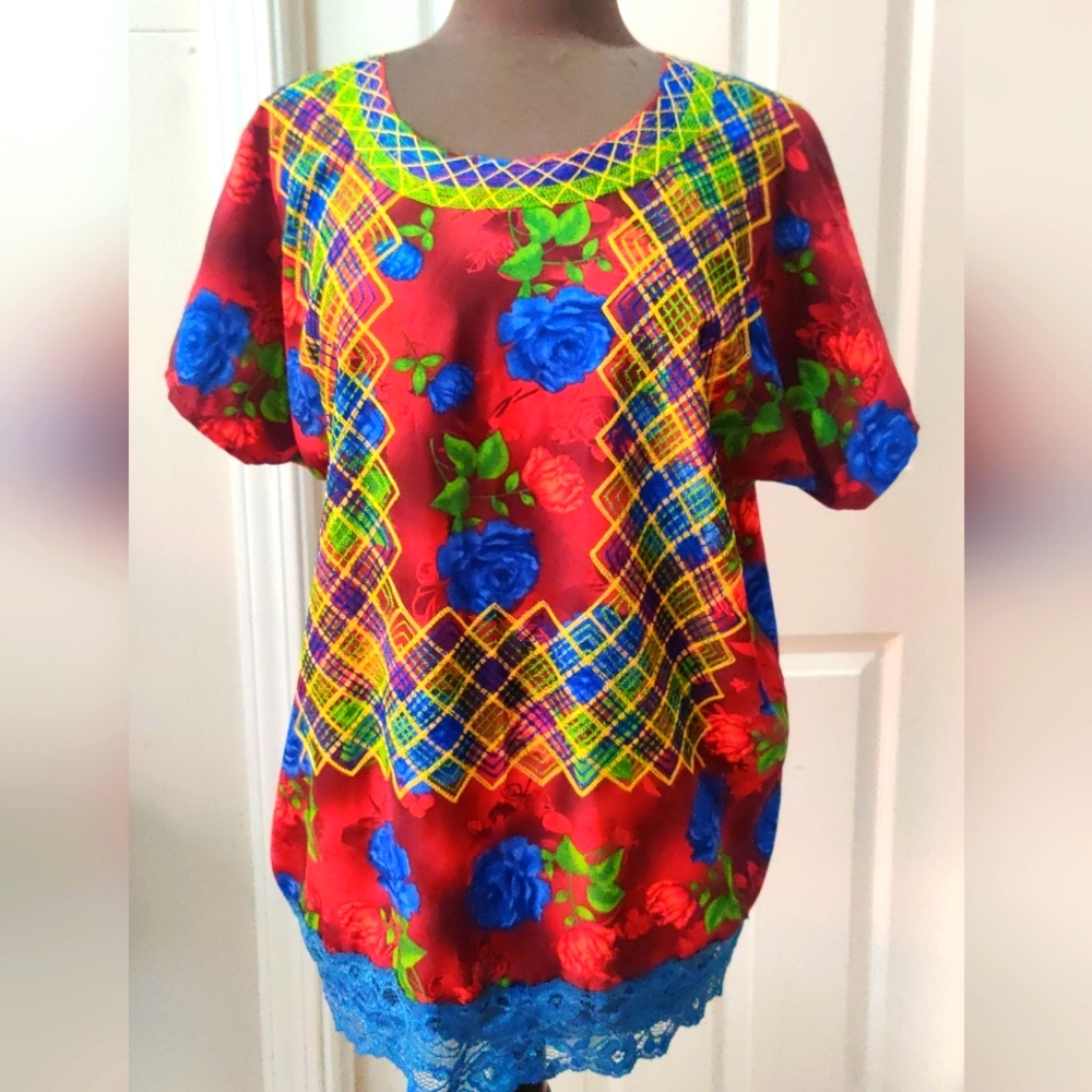 Oaxaca Tehuana embroidere Satin huipil blouse XL